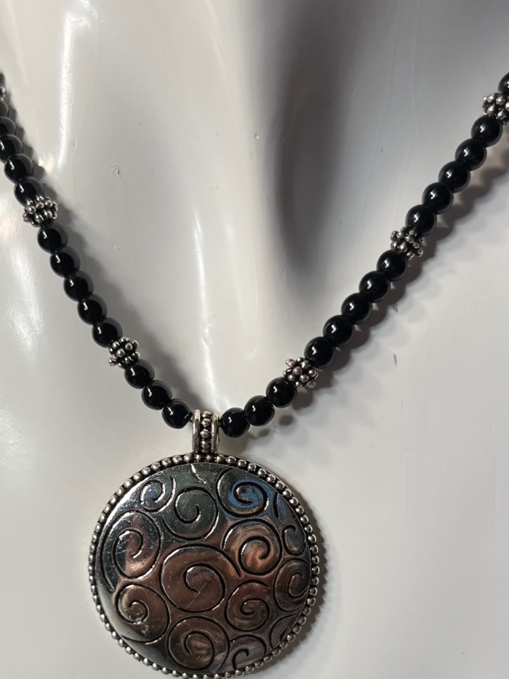 Napier Black Glass Tiny Beads Round Swirl Silver Disk Pendant Necklace